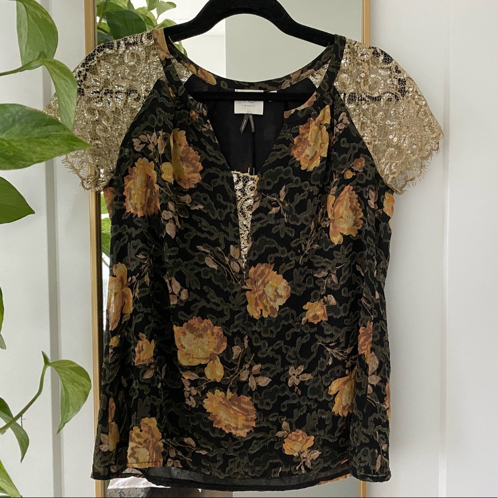 Anthropologie blouse with gold lace cap sleeves and floral detail, size s